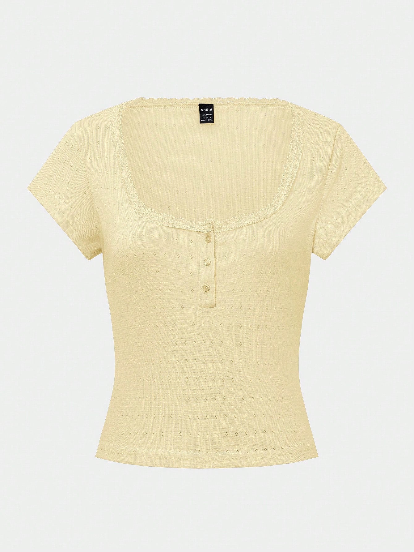 Sweet Lace Trim Short Sleeve T-Shirt For Women, New Summer Slim Fit 3-Button Half Sleeve Yellow Top