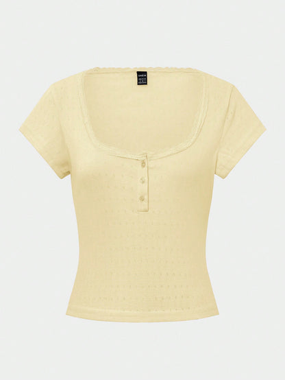 Sweet Lace Trim Short Sleeve T-Shirt For Women, New Summer Slim Fit 3-Button Half Sleeve Yellow Top