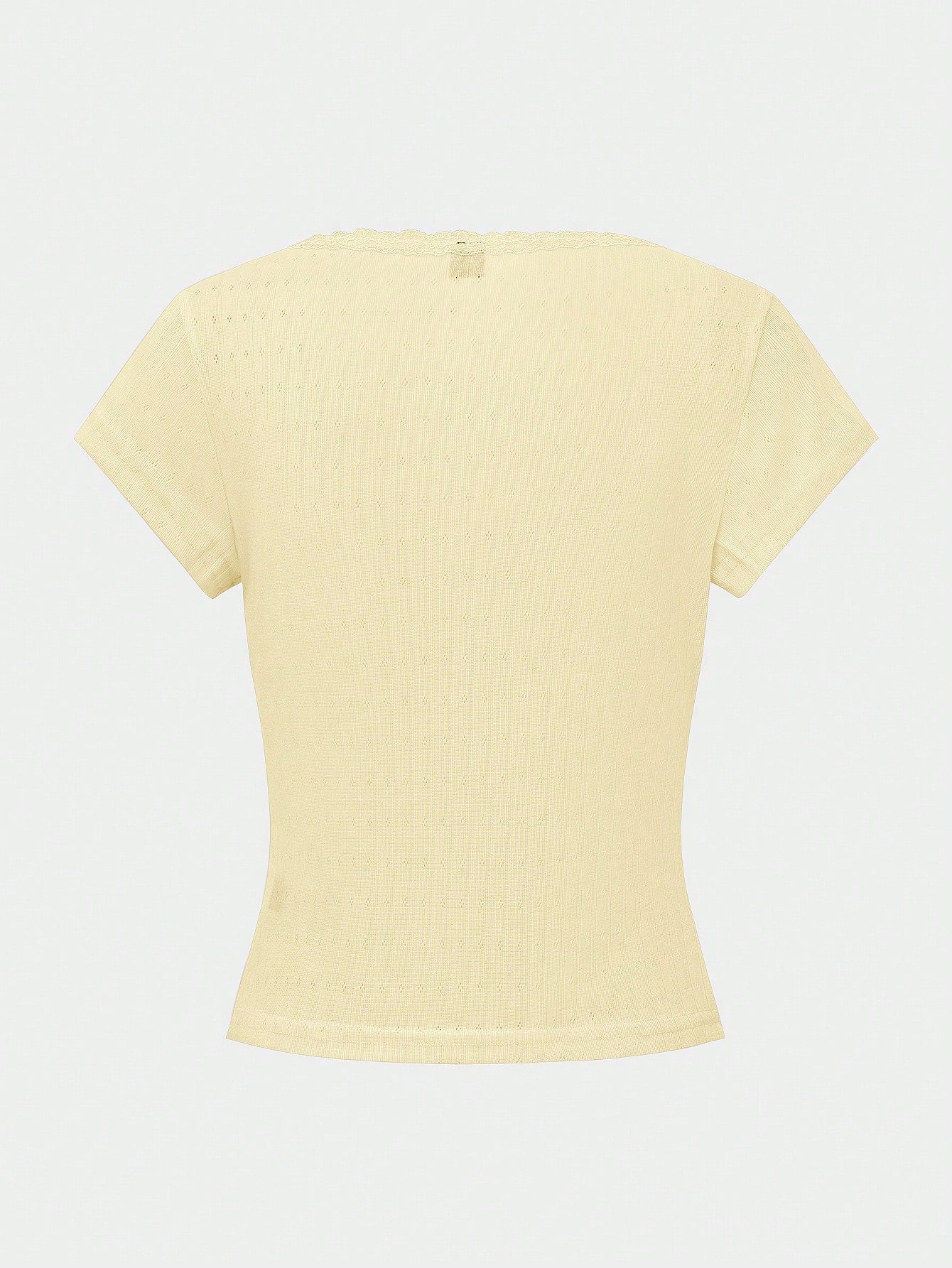 Sweet Lace Trim Short Sleeve T-Shirt For Women, New Summer Slim Fit 3-Button Half Sleeve Yellow Top