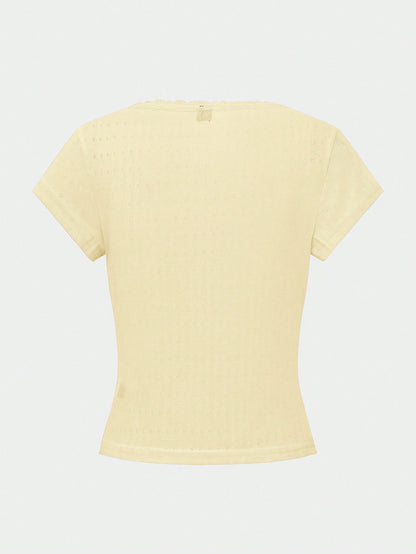Sweet Lace Trim Short Sleeve T-Shirt For Women, New Summer Slim Fit 3-Button Half Sleeve Yellow Top