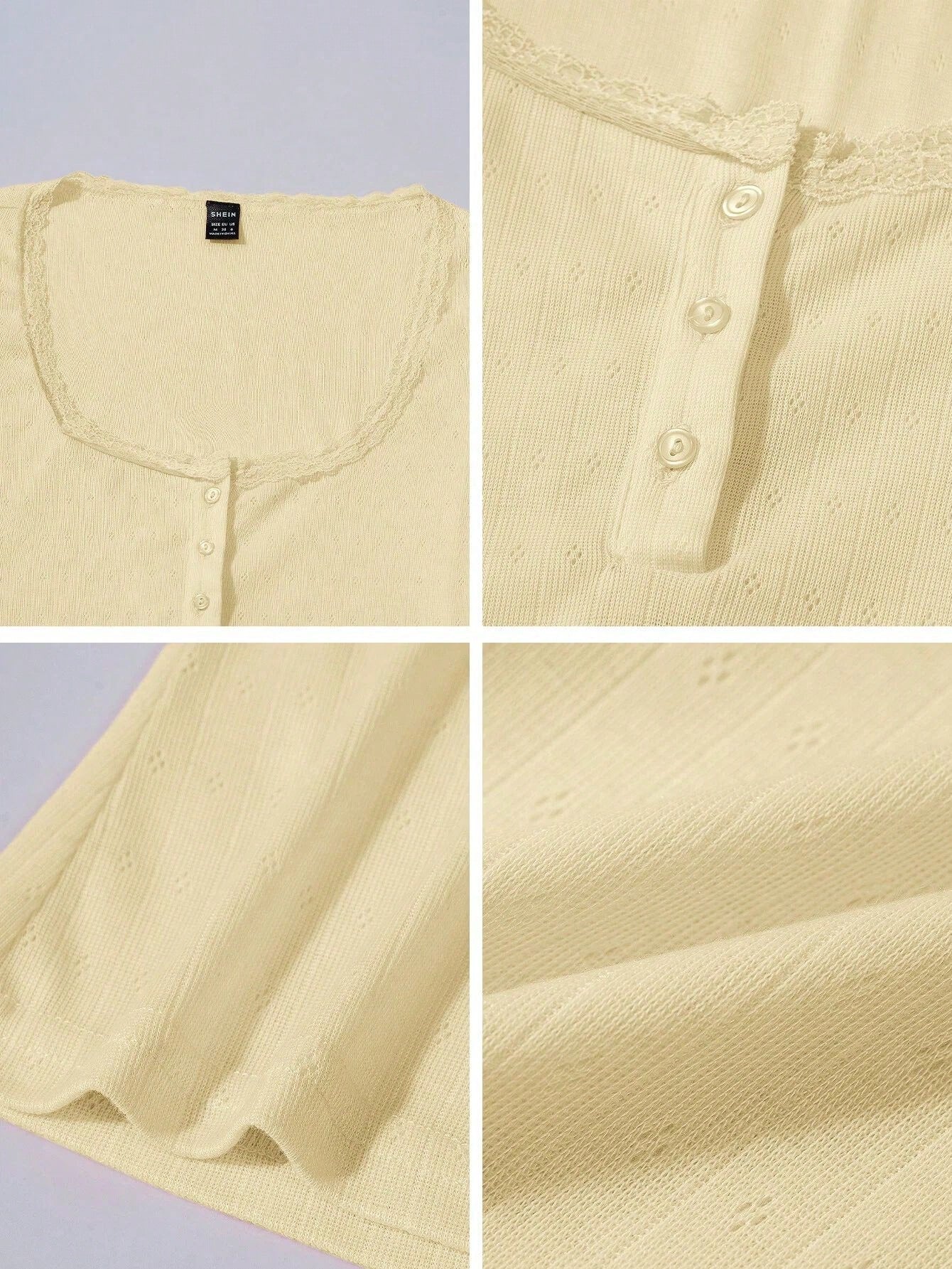 Sweet Lace Trim Short Sleeve T-Shirt For Women, New Summer Slim Fit 3-Button Half Sleeve Yellow Top