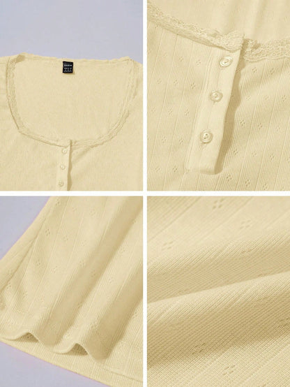 Sweet Lace Trim Short Sleeve T-Shirt For Women, New Summer Slim Fit 3-Button Half Sleeve Yellow Top