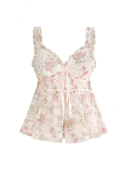 Sweetness Holiday Summer Beach Vacation Sexy Floral Lace Waist Drawstring Loose Plus Size Camisole