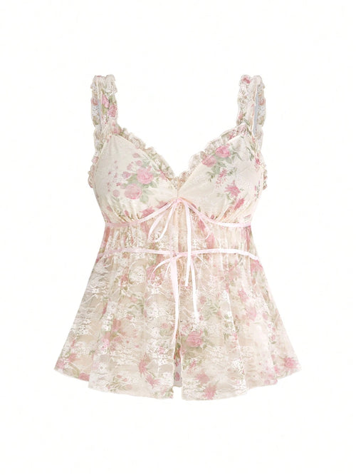 Sweetness Holiday Summer Beach Vacation Sexy Floral Lace Waist Drawstring Loose Plus Size Camisole