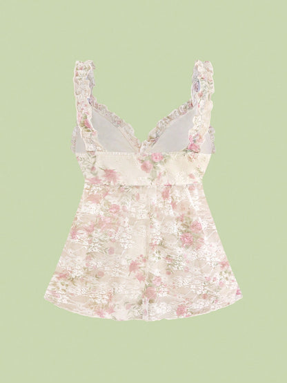Sweetness Holiday Summer Beach Vacation Sexy Floral Lace Waist Drawstring Loose Plus Size Camisole