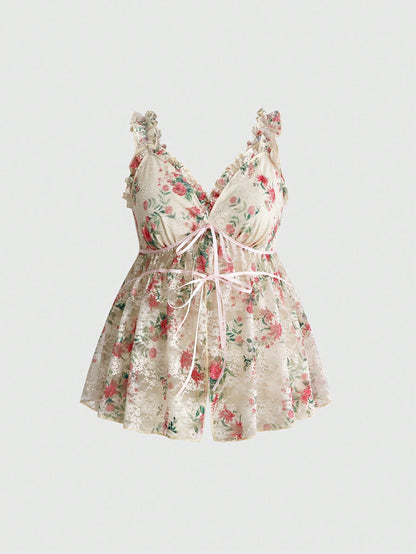 Sweetness Holiday Summer Beach Vacation Sexy Floral Lace Waist Drawstring Loose Plus Size Camisole