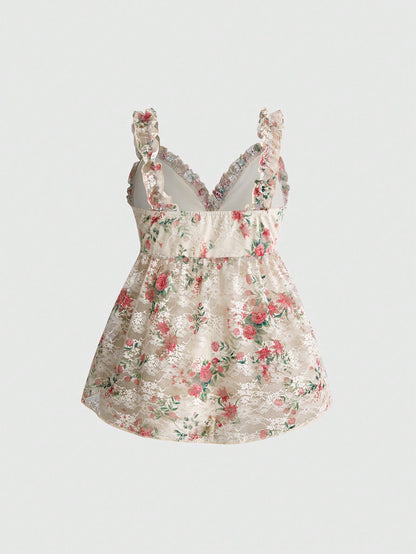 Sweetness Holiday Summer Beach Vacation Sexy Floral Lace Waist Drawstring Loose Plus Size Camisole