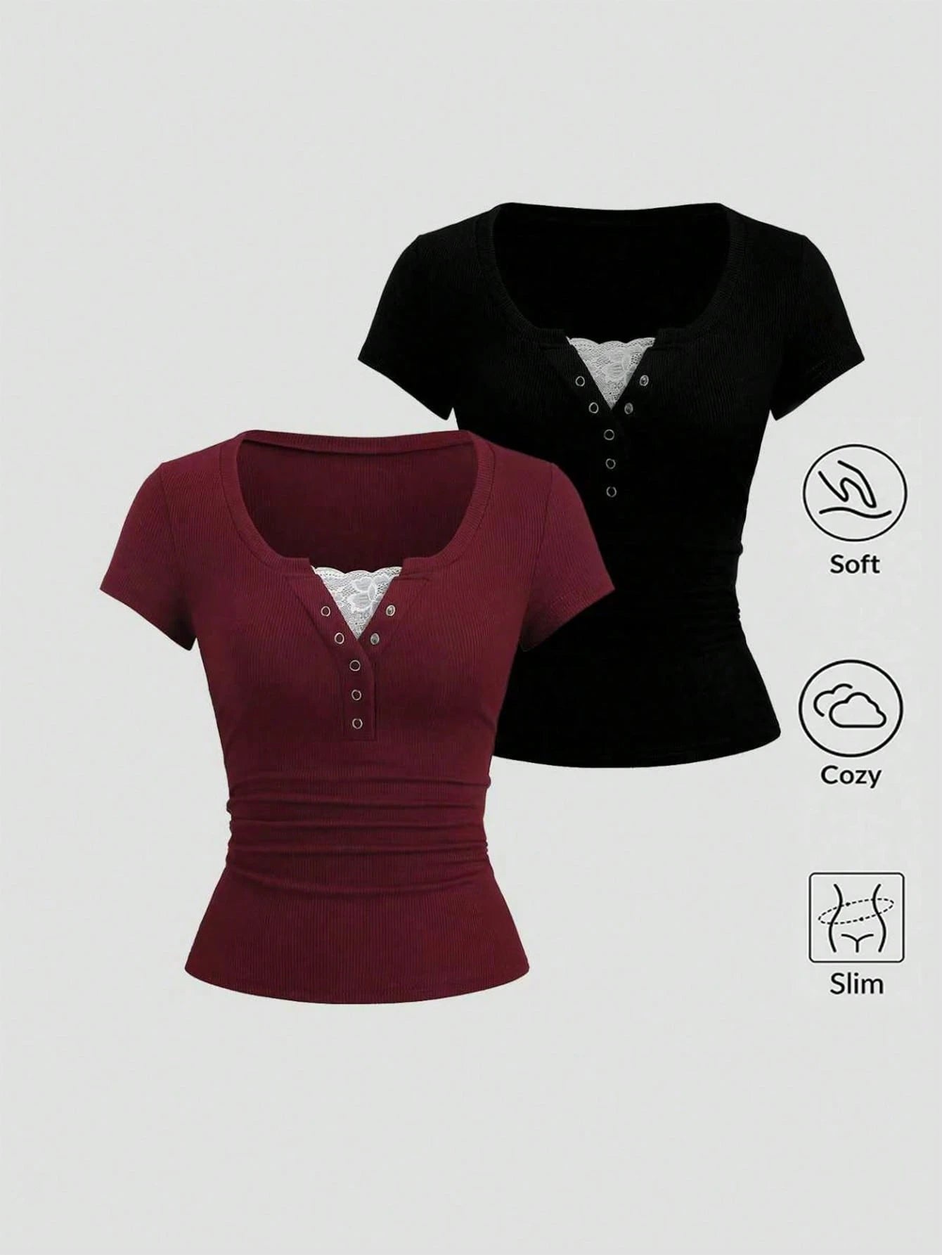 Sweetra 2pcs/Set Women's Summer 2 In 1 Lace Patchwork Short Sleeve T-Shirt, Red + Black