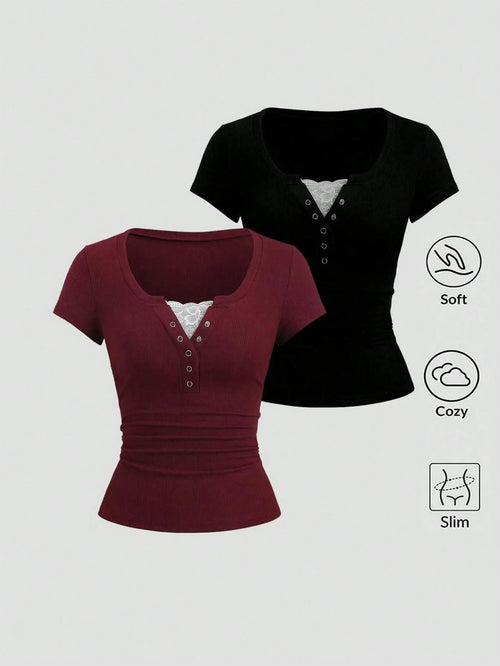 Sweetra 2pcs/Set Women's Summer 2 In 1 Lace Patchwork Short Sleeve T-Shirt, Red + Black