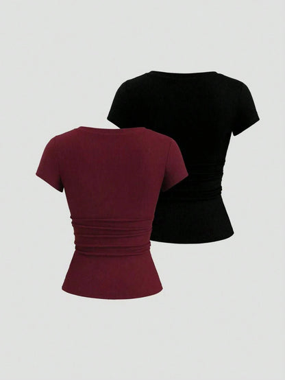 Sweetra 2pcs/Set Women's Summer 2 In 1 Lace Patchwork Short Sleeve T-Shirt, Red + Black