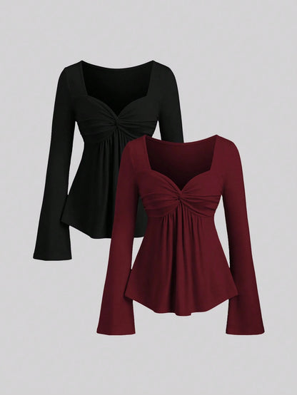 Sweetra 2pcs Women Elegant Slimming Comfortable Long Sleeve Versatile T-Shirt Set