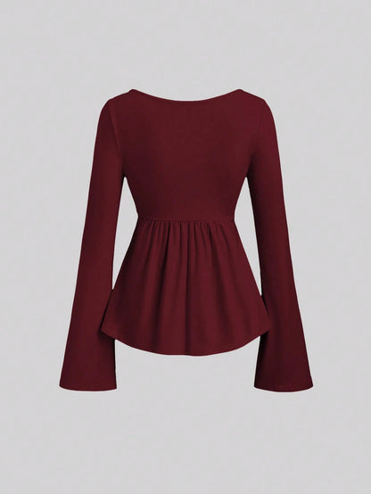 Sweetra 2pcs Women Elegant Slimming Comfortable Long Sleeve Versatile T-Shirt Set