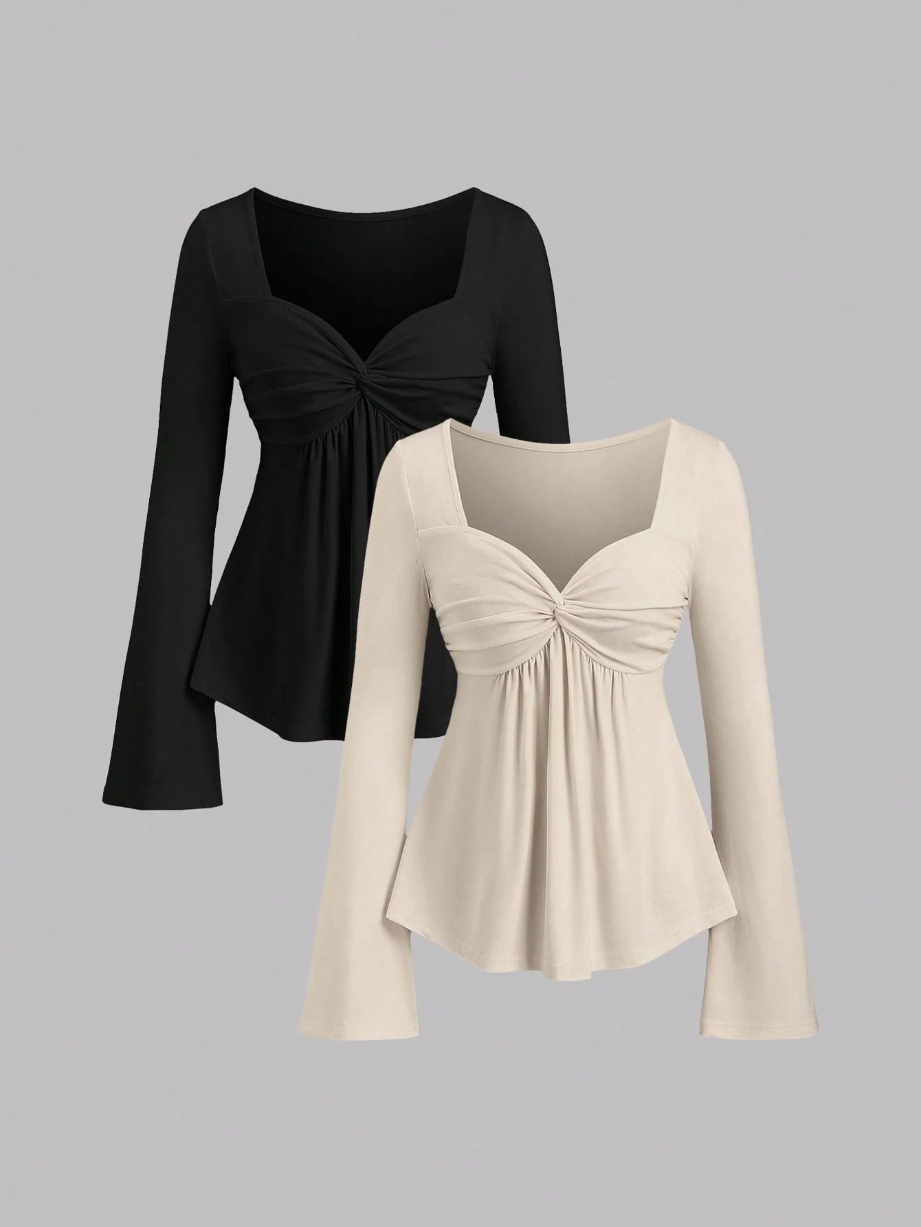 Sweetra 2pcs Women Elegant Slimming Comfortable Long Sleeve Versatile T-Shirt Set