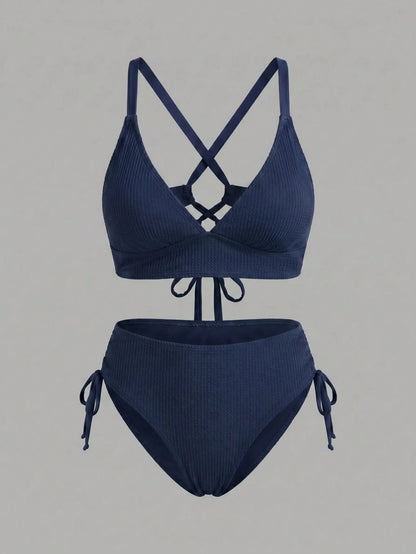 Sweetra CURVE Plus Size Solid Color Textured Fabric Adjustable Strap Tankini Bikini Set Set Plus Size Bathing Suits Bikini Plus Size Tops Bikini Set For Beach