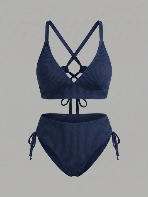 Sweetra CURVE Plus Size Solid Color Textured Fabric Adjustable Strap Tankini Bikini Set Set Plus Size Bathing Suits Bikini Plus Size Tops Bikini Set For Beach