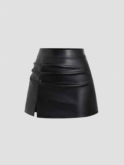 Sweetra Elegant Retro High Waist Pleated Brazilian PU Leather Side Slit A-Line Mini Skirt For Women Y2K