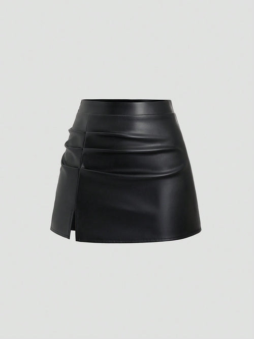 Sweetra Elegant Retro High Waist Pleated Brazilian PU Leather Side Slit A-Line Mini Skirt For Women Y2K