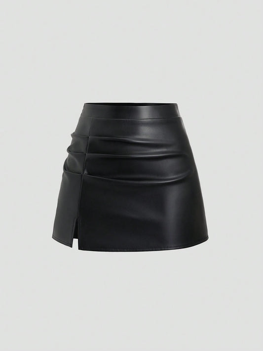 Sweetra Elegant Retro High Waist Pleated Brazilian PU Leather Side Slit A-Line Mini Skirt For Women Y2K
