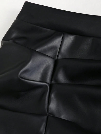 Sweetra Elegant Retro High Waist Pleated Brazilian PU Leather Side Slit A-Line Mini Skirt For Women Y2K