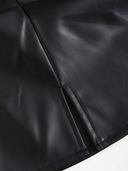 Sweetra Elegant Retro High Waist Pleated Brazilian PU Leather Side Slit A-Line Mini Skirt For Women Y2K