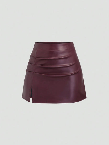 Sweetra Elegant Retro High Waist Pleated Brazilian PU Leather Side Slit A-Line Mini Skirt For Women Y2K