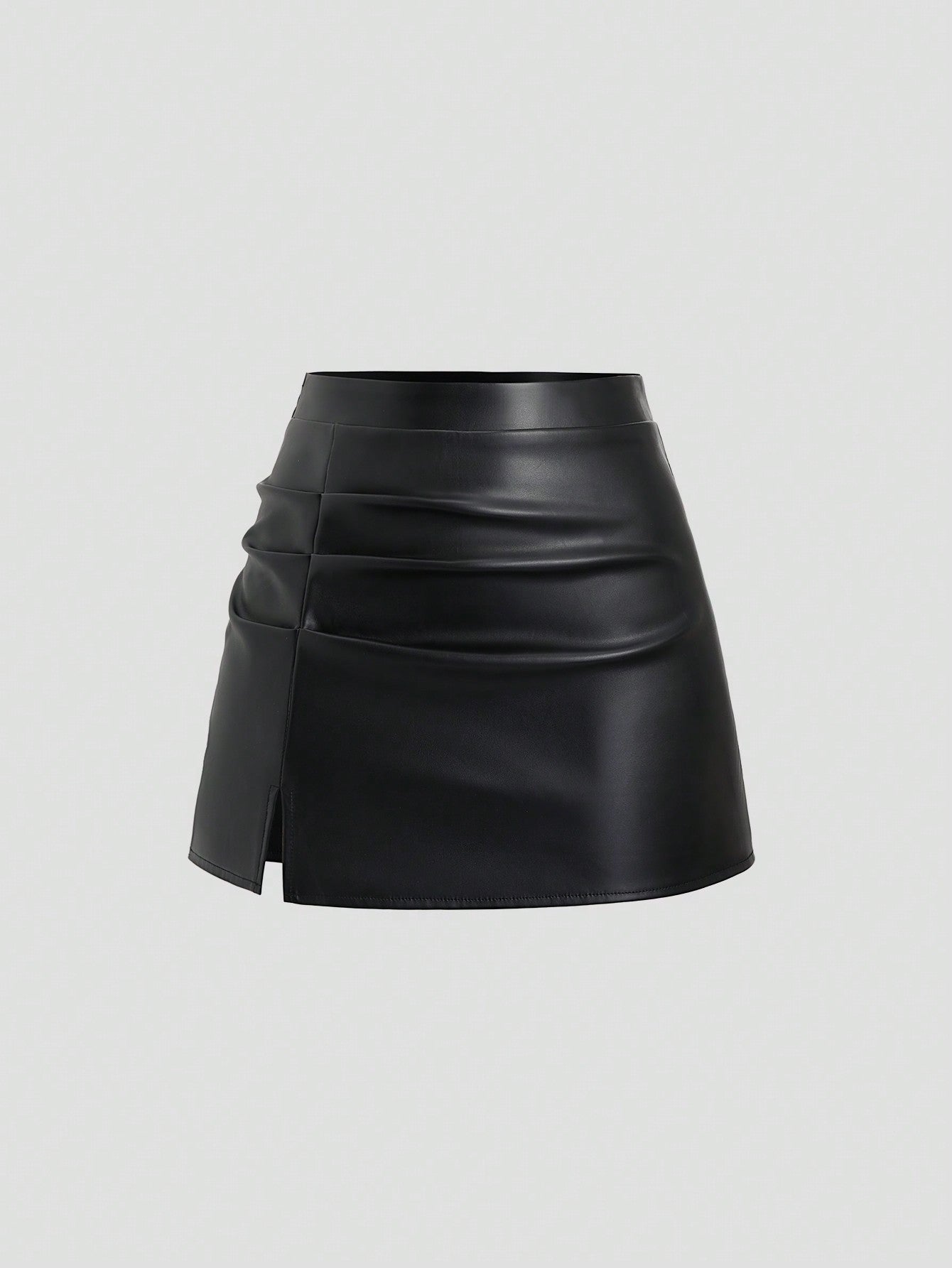Sweetra Elegant Retro High Waist Pleated Brazilian PU Leather Side Slit A-Line Mini Skirt For Women Y2K