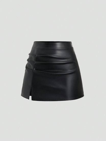 Sweetra Elegant Retro High Waist Pleated Brazilian PU Leather Side Slit A-Line Mini Skirt For Women Y2K