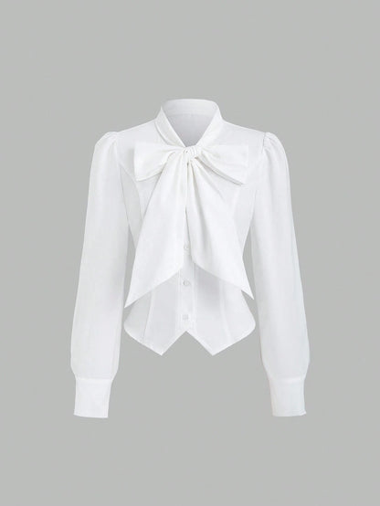 Sweetra French Tie Cinched Waist Design Commuter Long Sleeve Shirt For Women, Autumn