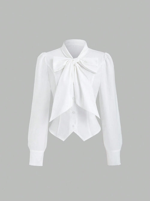 Sweetra French Tie Cinched Waist Design Commuter Long Sleeve Shirt For Women, Autumn