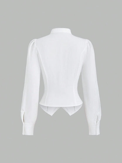 Sweetra French Tie Cinched Waist Design Commuter Long Sleeve Shirt For Women, Autumn
