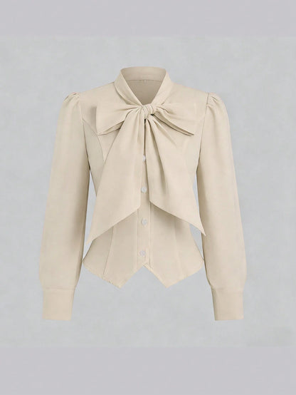 Sweetra French Tie Cinched Waist Design Commuter Long Sleeve Shirt For Women, Autumn