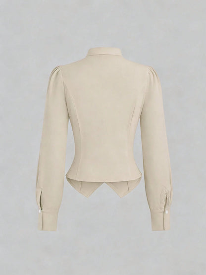 Sweetra French Tie Cinched Waist Design Commuter Long Sleeve Shirt For Women, Autumn