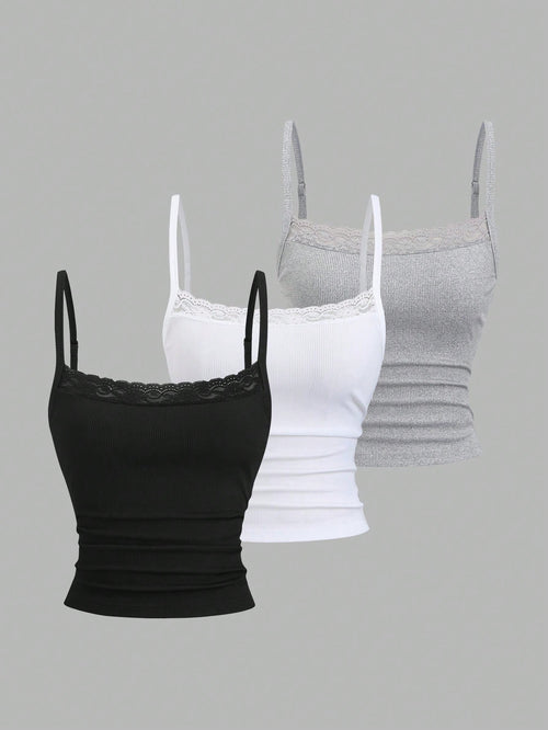 Sweetra Lace Camisole Cropped Backless Top,Summer Basic Everyday Black And White Sweet & Spicy Elegant Music Festival Vacation Daily School Tight-Fitting
