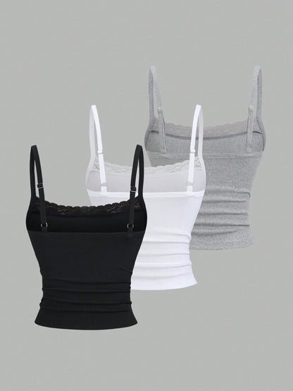 Sweetra Lace Camisole Cropped Backless Top,Summer Basic Everyday Black And White Sweet & Spicy Elegant Music Festival Vacation Daily School Tight-Fitting