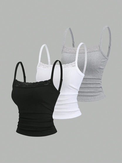 Sweetra Lace Camisole Cropped Backless Top,Summer Basic Everyday Black And White Sweet & Spicy Elegant Music Festival Vacation Daily School Tight-Fitting