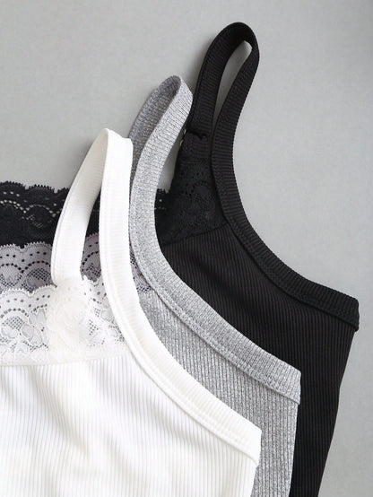 Sweetra Lace Camisole Cropped Backless Top,Summer Basic Everyday Black And White Sweet & Spicy Elegant Music Festival Vacation Daily School Tight-Fitting