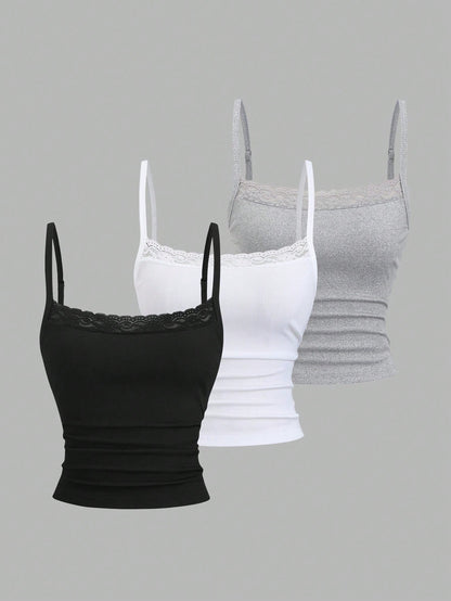 Sweetra Lace Camisole Cropped Backless Top,Summer Basic Everyday Black And White Sweet & Spicy Elegant Music Festival Vacation Daily School Tight-Fitting