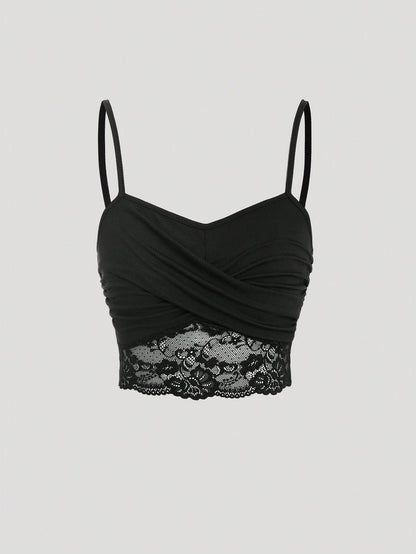 Sweetra Lace Splicing Wrapped Cross Neck Camisole Top For Women