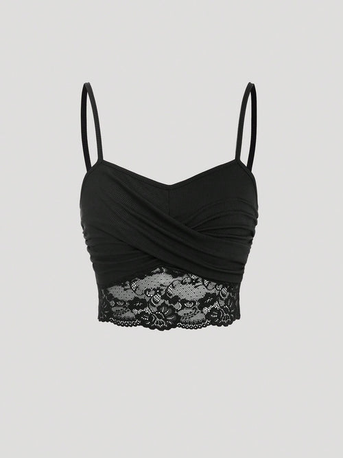 Sweetra Lace Splicing Wrapped Cross Neck Camisole Top For Women