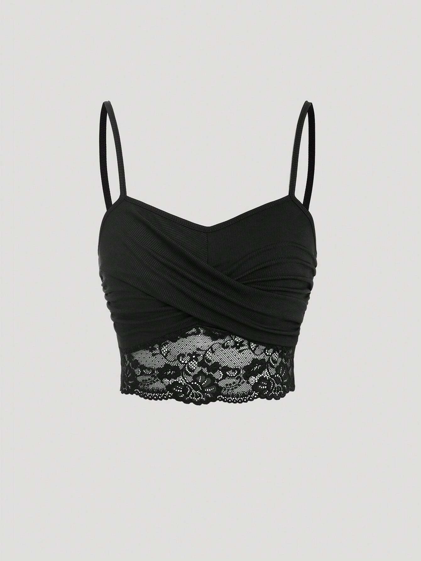 Sweetra Lace Splicing Wrapped Cross Neck Camisole Top For Women