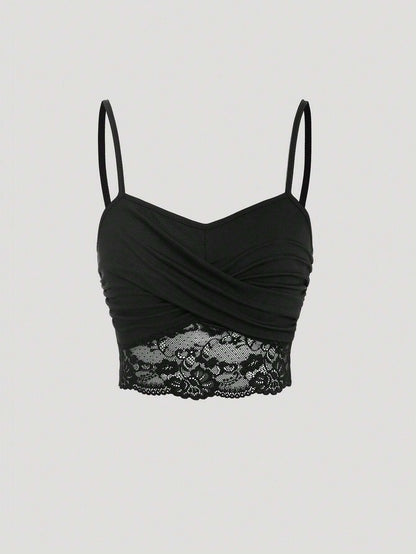 Sweetra Lace Splicing Wrapped Cross Neck Camisole Top For Women