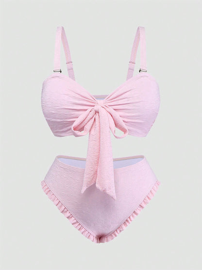 Sweetra Plus Size Women Sweet Vacation Cute Pink Minimalist Bikini Set, Summer Beach Holiday