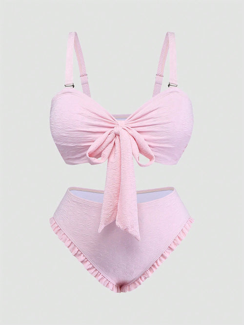 Sweetra Plus Size Women Sweet Vacation Cute Pink Minimalist Bikini Set, Summer Beach Holiday