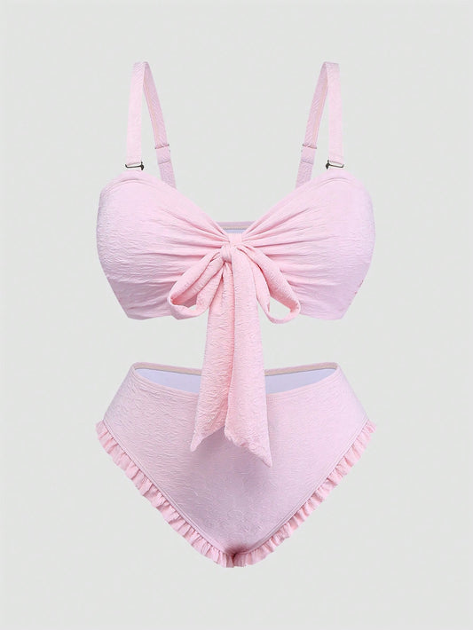 Sweetra Plus Size Women Sweet Vacation Cute Pink Minimalist Bikini Set, Summer Beach Holiday