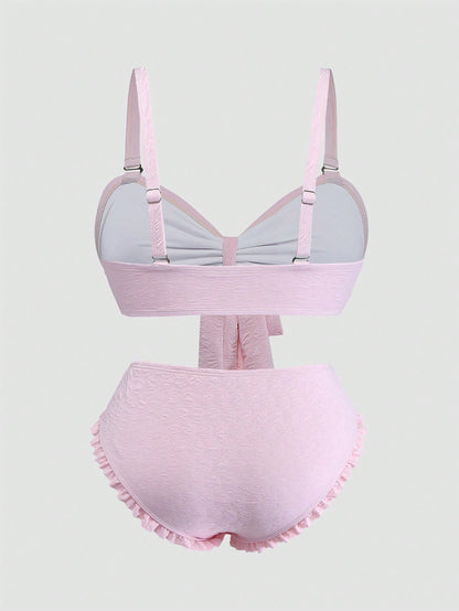 Sweetra Plus Size Women Sweet Vacation Cute Pink Minimalist Bikini Set, Summer Beach Holiday