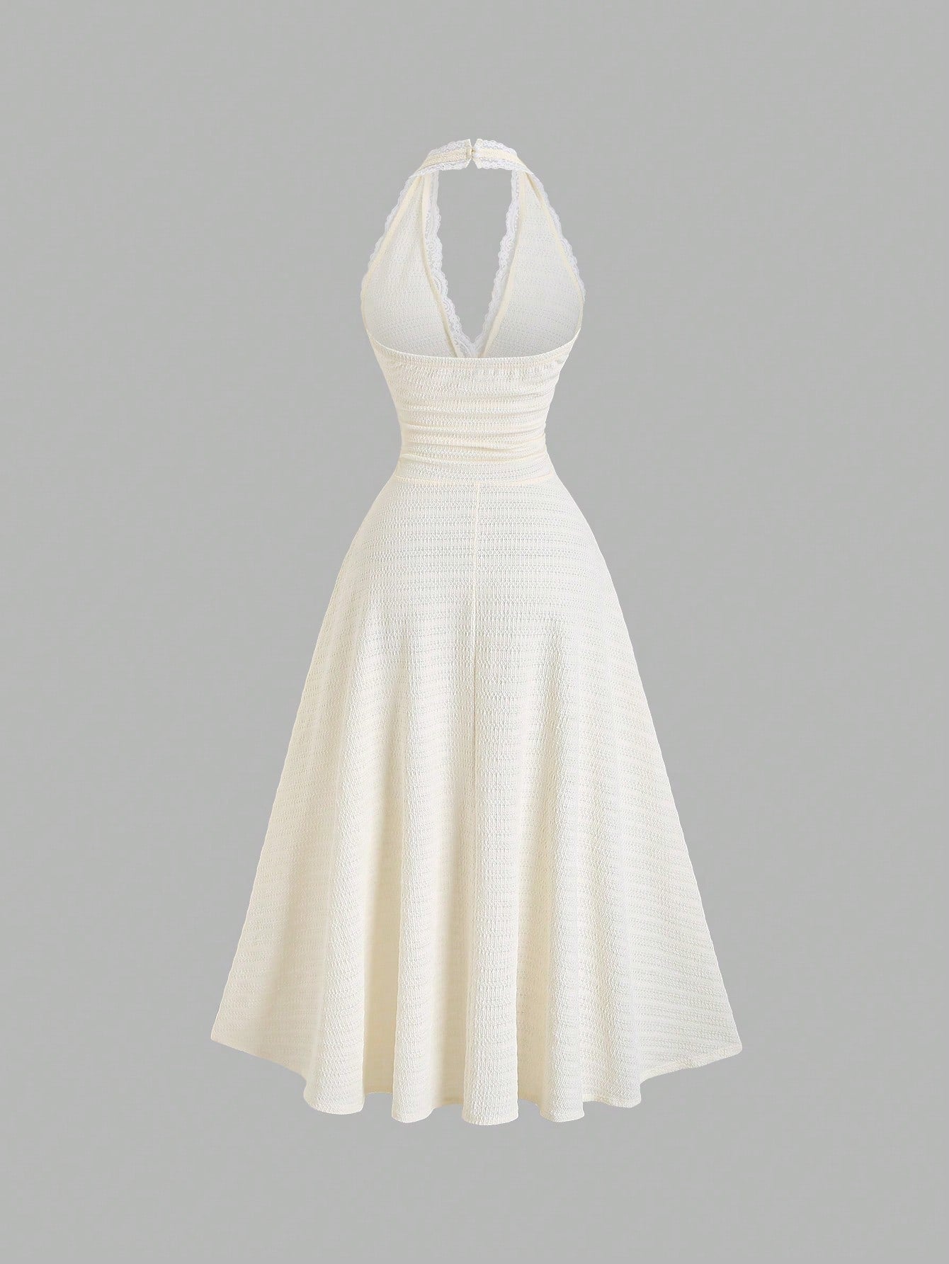 Sweetra Sexy Halter Lace Trim Textured Fabric A-Line Ruffle Elegant Dress
