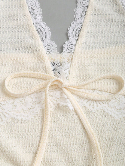 Sweetra Sexy Halter Lace Trim Textured Fabric A-Line Ruffle Elegant Dress