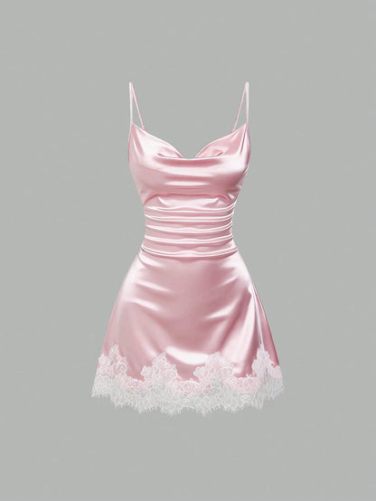 Sweetra Spring/Summer New Design Sense High Street Elegant Strapless Sexy Slim Fit Elegant Lace Trim Vacation Versatile Comfortable Outdoor Pink Dress
