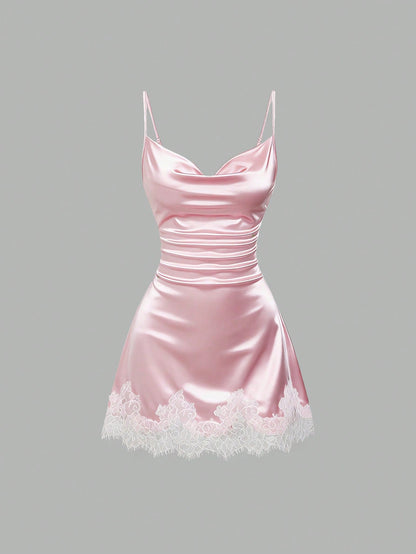 Sweetra Spring/Summer New Design Sense High Street Elegant Strapless Sexy Slim Fit Elegant Lace Trim Vacation Versatile Comfortable Outdoor Pink Dress