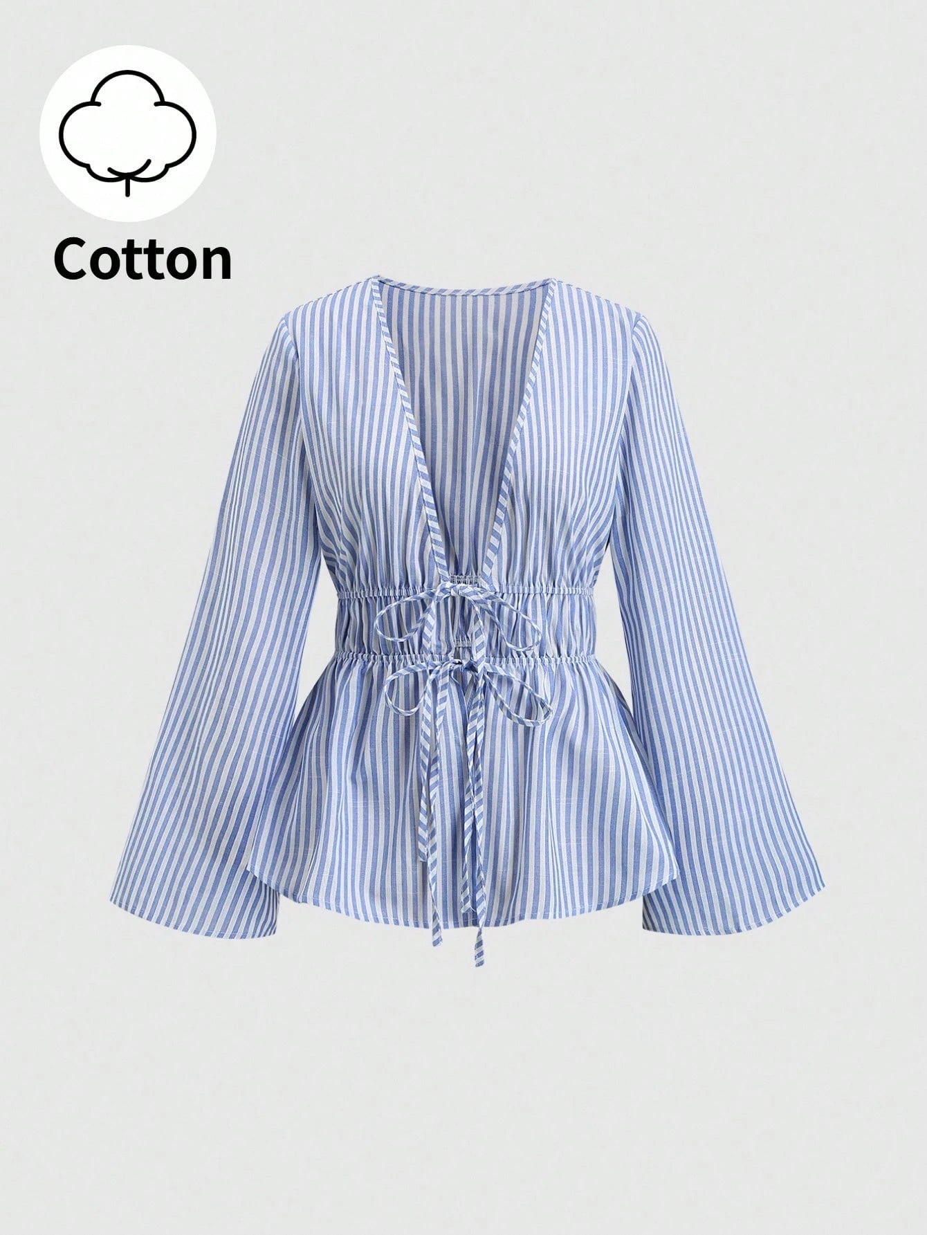 Sweetra Tall Blue And White Stripe Cotton V-Neck Tie-Waist Flare Sleeve Shirt,Parisian Chic Summer Vacation Elegant Minimalist Style For Tall Women,Daily Wear